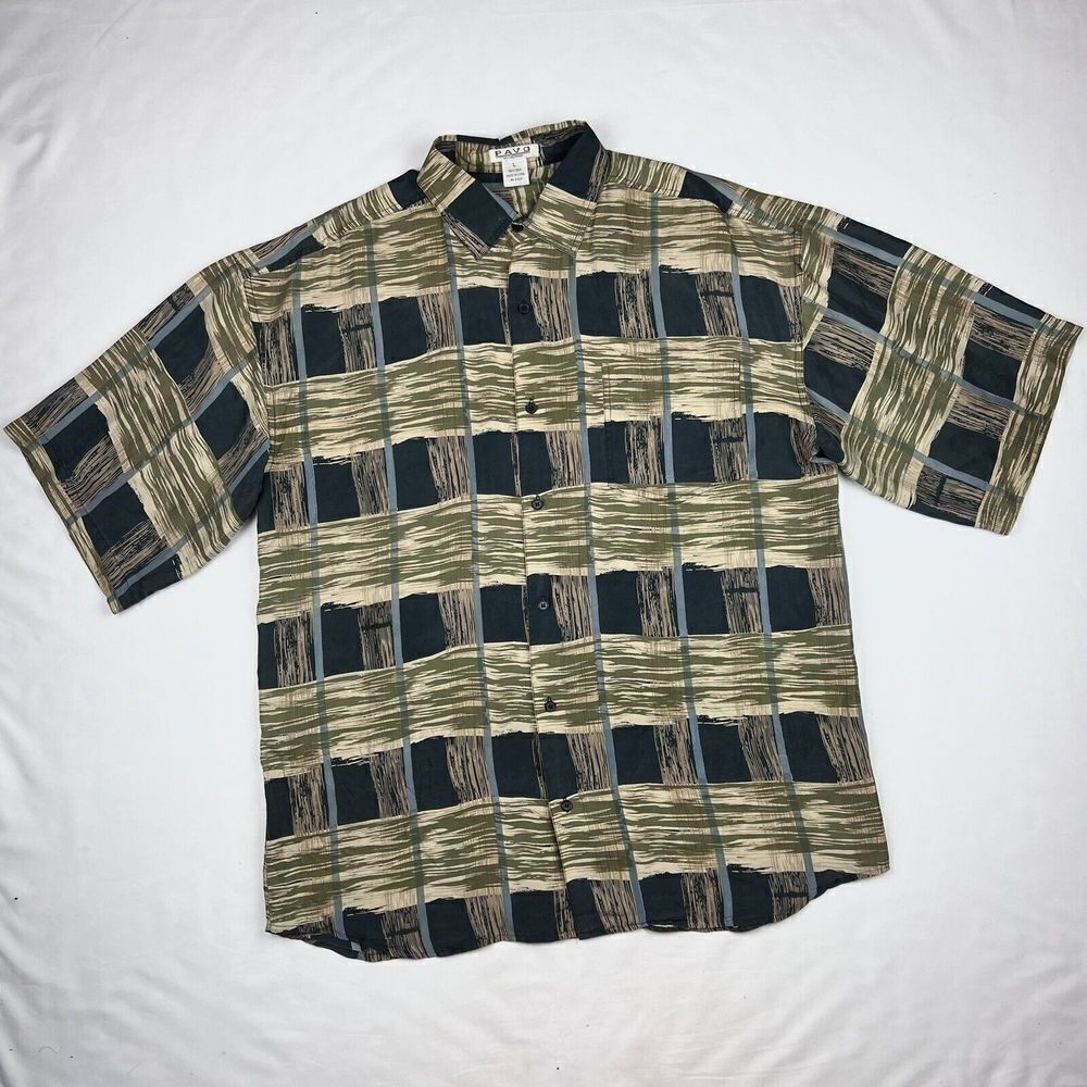 Vintage Pavo Lastrada Large 100% Silk Green Beige Print Short Sleeve Shirt